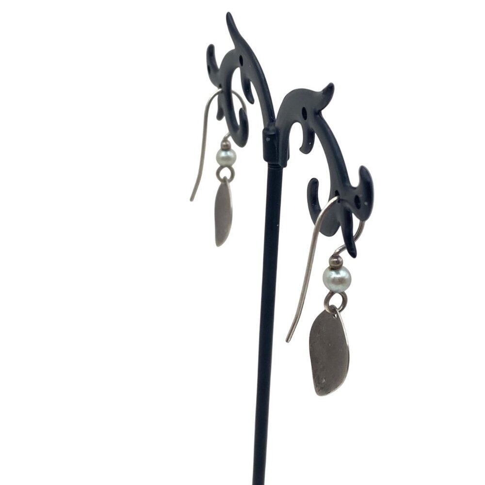 Tested Sterling Silver Earrings Freshwater Pearl Engraved Floral Boho Vtg Dangle - Picture 9 of 10